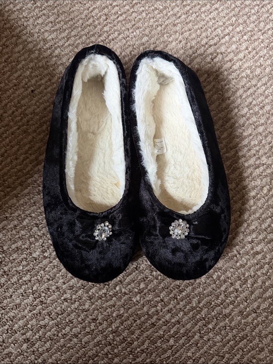 Shoes - Black Faux Fur-Lined Velvet Ballet Slippers with Crystal Accent